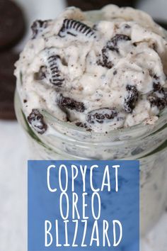 an oreo blizzard in a mason jar with cookie cookies on top and text overlay that reads copycat oreo blizzard