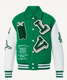 Louis Vuitton Green Varsity Jacket:
The Green Louis Vuitton Jacket is made from wool. The jacket is available in a dazzling combo of green and white colors. The Green Louis Vuitton Letterman Jacket has a rib knitted collar with a buttoned closure along with a rib knitted hemline which makes it convenient to wear. The jacket has printed embroidered and appliqued patches on the front, back, and sleeves which give the jacket a trendy look. The inner of the jacket consists of a soft viscose lining Varsity Leather Jacket, Green Varsity Jacket, Louis Vuitton Jacket, Baseball Jacket Women, Cotton Jackets Women, Varsity Jacket Men, Letter Embroidery, Letterman Jacket, Dolce E Gabbana