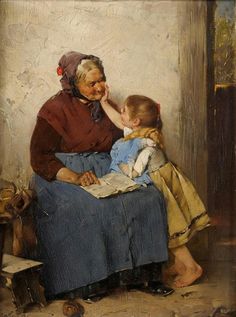 an old woman sitting next to a child