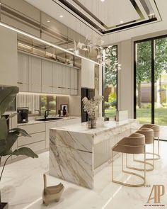 a large kitchen with marble counter tops and white cabinets, along with modern stools