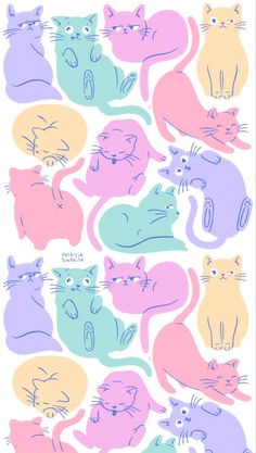 a group of cats sitting next to each other on top of a white sheet with pastel colors