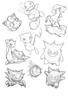 several different types of pokemons drawn in pencil and ink, each with their own character