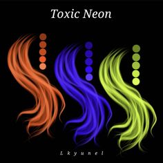 three different colors of hair on a black background with the words,'texic neon '