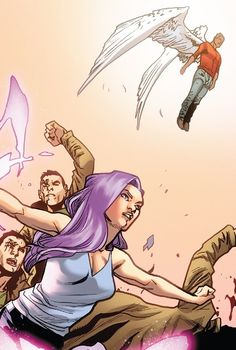 an image of a woman with purple hair and angel wings flying above her head, surrounded by other people