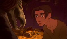 an animated image of a woman with long hair and eyes looking at a creature in the background