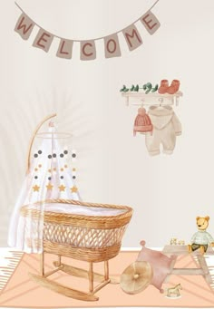 a baby's room with a welcome sign above the crib and teddy bears