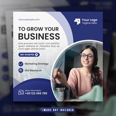 a blue business flyer with a woman pointing to the side