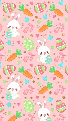 a pink background with rabbits, carrots and hearts