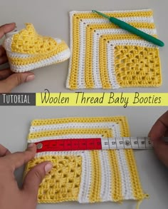 crocheted baby booties are being worked on