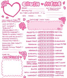 a pink sticker sheet that says crush me and has hearts, flowers, and other things