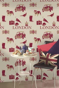 the london wallpaper is in red and white, with british symbols on it's walls