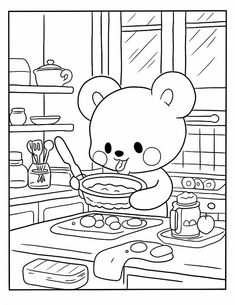 a teddy bear is cooking in the kitchen coloring pages for kids to print and color