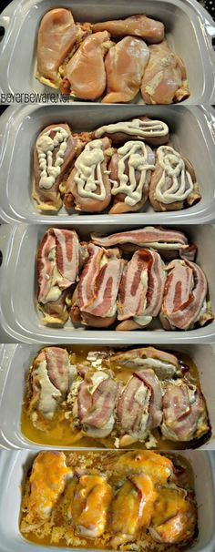 four trays filled with different types of food on top of each other in plastic containers