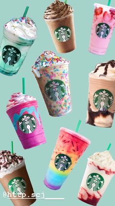 six different types of starbucks drinks with straws and sprinkles on them