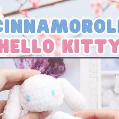 a person holding a small stuffed animal in their hand with the words cinnamorolli hello kitty above it