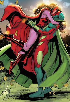 a woman in a red cape and green cape hugging another woman with her arms around her neck