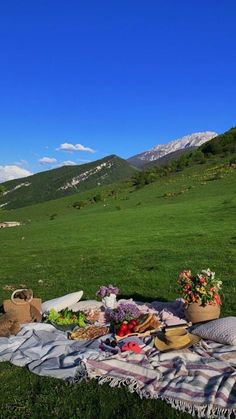 a picnic is set out in the middle of a field