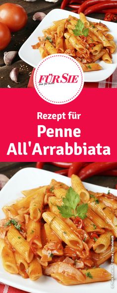 two white plates filled with penne and sauce on top of a red table cloth