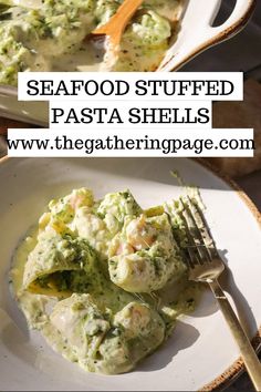 two plates with food on them and the words seafood stuffed pasta shells