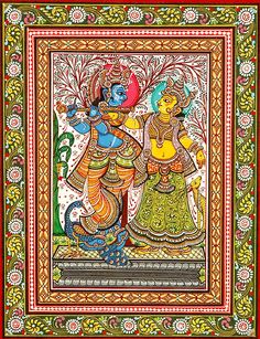 Radha Krishna Folk Art Painting, Traditional Folk Art Painting, Patta Chitra Paintings, Patachitra Paintings Design, Radha Krishna Watercolor, Radha Krishna Madhubani Painting, Krishna Watercolor, Patachitra Paintings