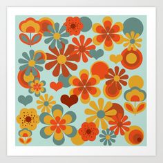 an art print with colorful flowers and hearts in the center, on a blue background