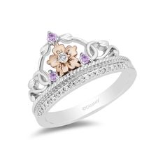 PRICES MAY VARY. Officially Licensed Disney Jewelry - Enchanted Disney Fine Jewelry Rapunzel Ring in 14K Rose Gold over Sterling Silver 2.0 MM Round Rose-De-France and 1/10 Cttw Natural White Round Diamonds Dimension - L:18.5 mm, W:7.8 mm, H:19.9 mm Inspiration – Dare to let your hair down with jewelry inspired by Rapunzel from Disney's Tangled. Her sun symbol is radiant in polished gold and silver. Pale pink Rose de France amethyst expresses her artistic side and diamonds sparkle with her energ Xv Rings, Tangled Ring, Rapunzel Tiara, Rapunzel Ring, Sun Symbol, Enchanted Disney, Enchanted Jewelry, 14k Gold Wedding Ring, Enchanted Disney Fine Jewelry