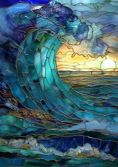 a stained glass window with an ocean wave in the middle and sun shining through it