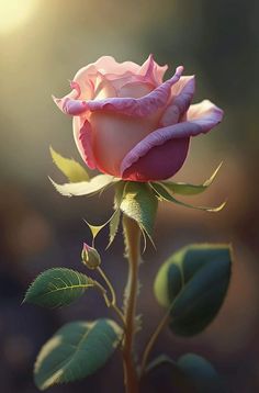 a single pink rose with green leaves in the foreground and sunlight shining through the background