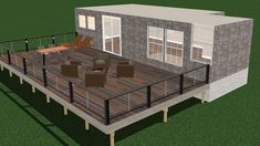 a 3d rendering of a deck with chairs and furniture on the top level, in front of a house