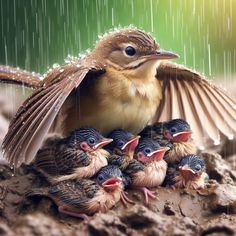 a bird with its wings open sitting on top of four baby birds in the rain