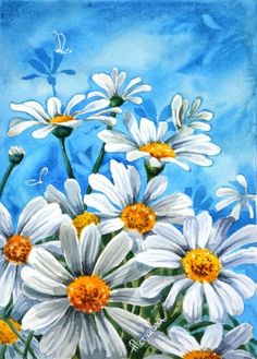 a painting of white daisies with yellow centers