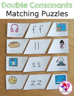 four matching puzzles with the words double consonants on them, including letters and numbers