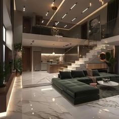 an elegant living room with marble flooring and green couches in front of stairs