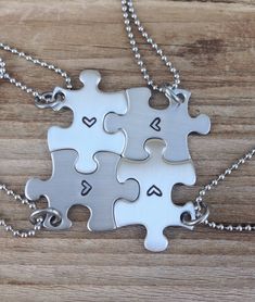 Enjoy FREE shipping on all domestic orders Also order with confidence as all of my orders are being processed and shipped on time according to my 1-2 week processing time. Mini puzzle piece necklace set of four hand stamped best friend ,sisters ,bridesmaids stainless steel These mini puzzle pieces are so cute ! They are a smaller version of my other very popular puzzle piece keychains . They measure 1 x 5/8 inch and come on a 16 inch chain plus 4 inch extension ball chain . These would make grea Friendship Necklaces For 4, Puzzle Piece Necklace, 4 Best Friends, Mini Puzzle, Bff Jewelry, Bff Bracelets, Best Friend Bracelets, Puzzle Jewelry, Friend Jewelry