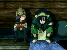 two anime characters sitting on a bench in front of a wooden wall and one is wearing a helmet