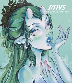 a painting of a woman with green hair holding her hands up to her face and the words diy's on it