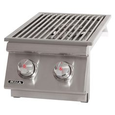 a stainless steel grill with two burners on the side and three knobs at the top