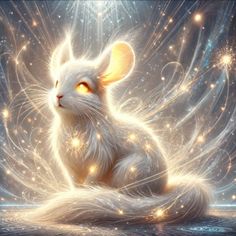 a white cat with yellow eyes sitting on the ground in front of stars and sparkles