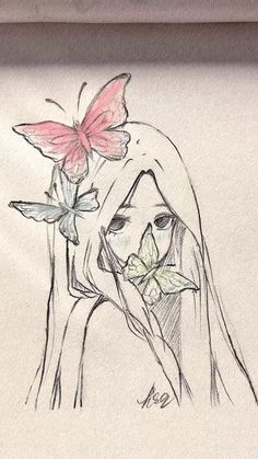 a drawing of a girl with butterflies on her shoulder and behind her head is a butterfly