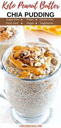 chia pudding in a glass bowl topped with nuts