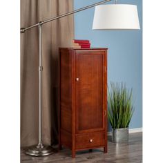 a tall wooden cabinet next to a lamp and a potted plant on the floor