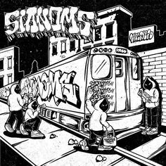 a black and white drawing of people standing around a bus that has graffiti on it