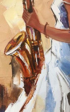 a painting of a woman holding a saxophone