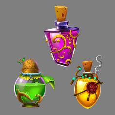 three different colored perfume bottles with designs on the top one is green, purple and gold