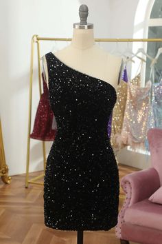 Black Sequin One Shoulder Bodycon Mini Party Dress Black Sequin Fabric For Prom Season, One-shoulder Party Dress With Side Zipper, One Shoulder Party Dress With Asymmetrical Neckline, Black Sequin Fabric For Prom Season Party, Black Sequin Fabric For Party And Prom Season, Black Fitted Sequin Homecoming Dress, Black Fitted Sequin Dress For Homecoming, Glamorous Black One Shoulder Dress For Prom, Black Sequin Mini Dress For Homecoming