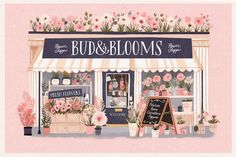 a painting of a flower shop with pink flowers