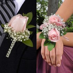 two pictures one with pink roses and the other with baby's breath