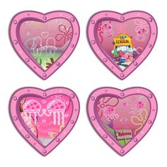 three pink heart shaped plates with pictures on them