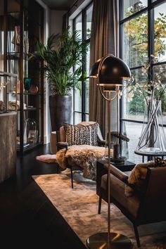 a living room filled with furniture and large windows