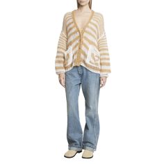 Loewe stripe cardigan with an anagram embroidery on the pockets V neckline; button front Long sleeves Patch pockets Relaxed fit Mohair/wool Made in Italy Stripe Cardigan, Mohair Wool, White Cardigan, Striped Cardigan, V Neckline, Wool Cardigan, Patch Pocket, Tops Designs, In Italy